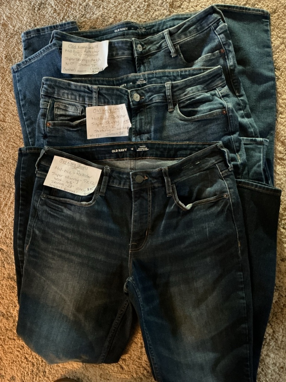 WONEN’S ROCKSTAR, SUPER SKINNY, STRETCH, SIZE 12 JEANS BY OLD NAVY.